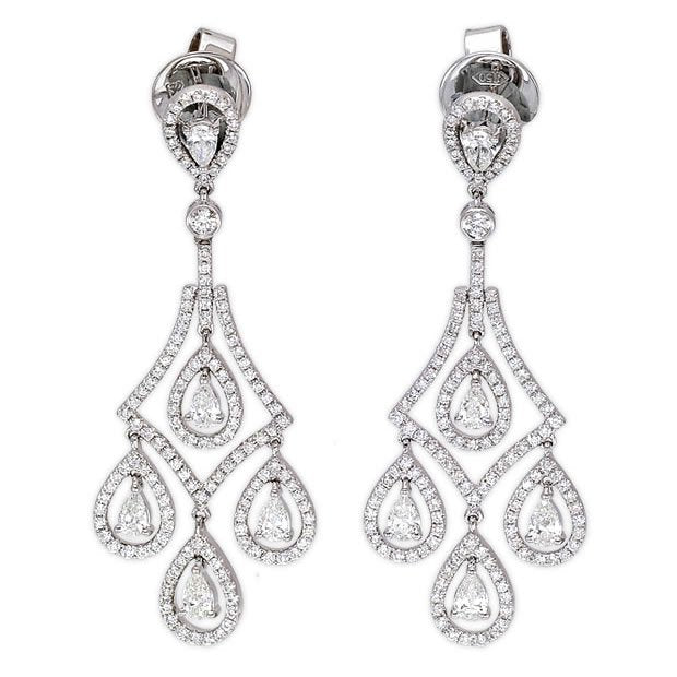 18k White Gold 1.93tcw Round & Pear Cut Diamond Drop Earrings