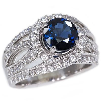 18K White Gold 2.31tcw Round Cut Blue Sapphire & Diamond Ring