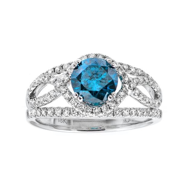 18K White Gold and 1.77TCW Blue Round Cut Diamond Engagement Ring