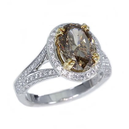 18K Two Tone 4.54TCW Chocolate Oval Cut Diamond Engagement Ring