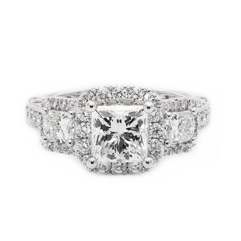 18K White Gold 2.66TCW Princess Cut Three Stone Diamond Engagement Ring