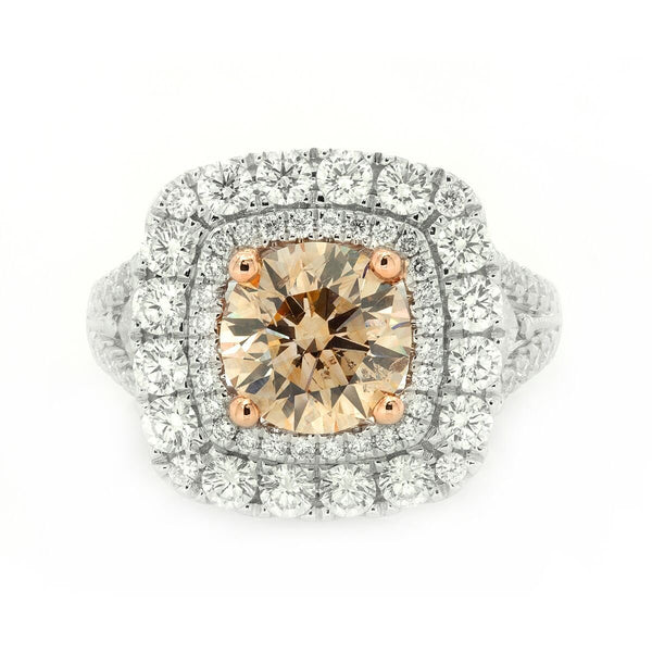 18K Two Tone 3.38TCW Champagne Round Cut Diamond Engagement Ring