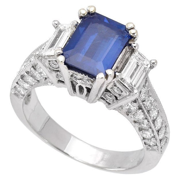 18K White Gold 1.57tcw Emerald Cut Sapphire & Diamond Ladies Ring