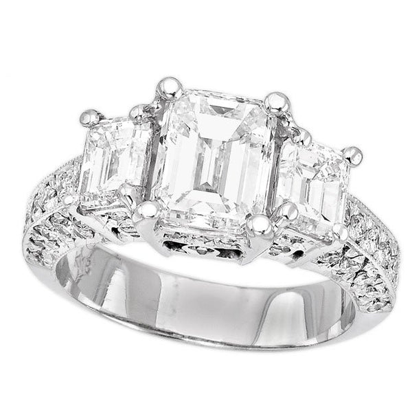 18K White Gold 4.11TCW Emerald Cut Diamond Three Stone Engagement