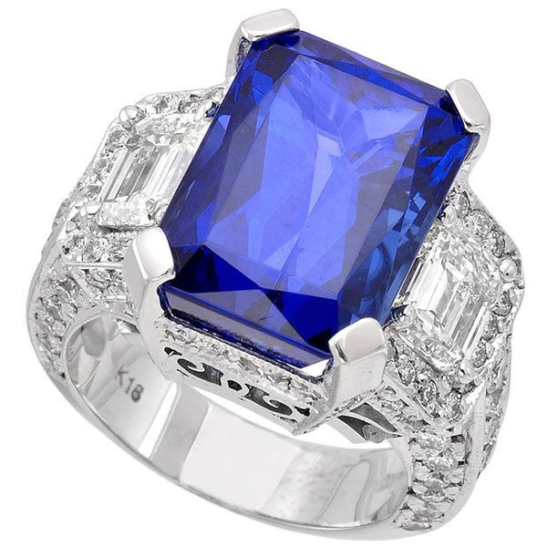 18K White Gold 13.56tcw Emerald Cut Tanzanite & Diamond Ring