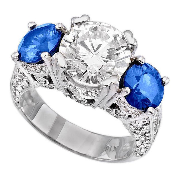 18K White Gold 3.05Ct Round Cut Diamond and Sapphire Engagement Ring