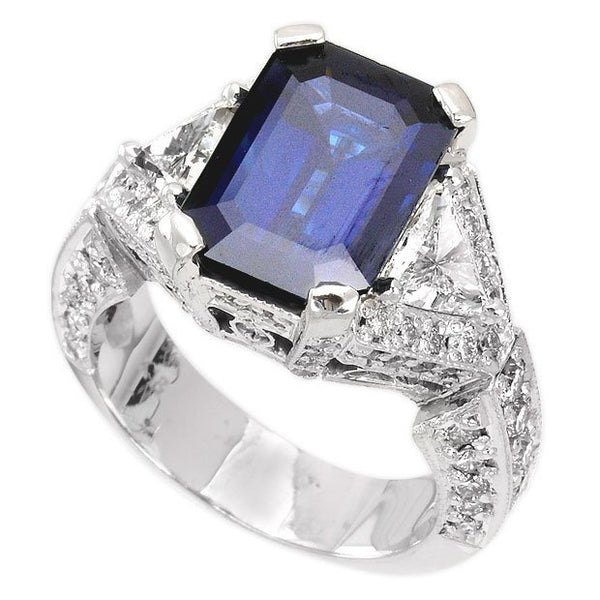 18K White Gold 5.89ct Emerald Cut Blue Sapphire & Diamond Ladies Ring