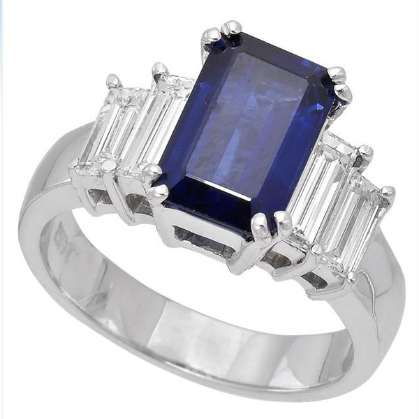 18K White Gold 3.05tcw Emerald Cut Sapphire & Diamond Ring