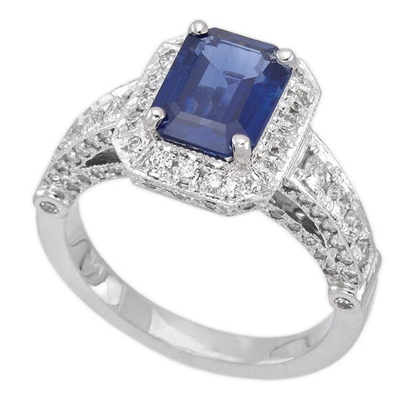 14K White Gold1.97tcw Emerald Cut Blue Sapphire & Diamond Ladies Ring