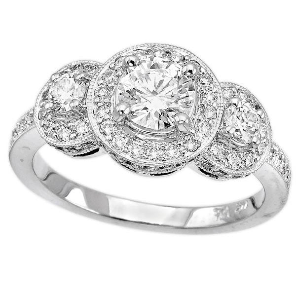 14K White Gold 1.31TCW Round Cut Three Stone Diamond Engagement Ring