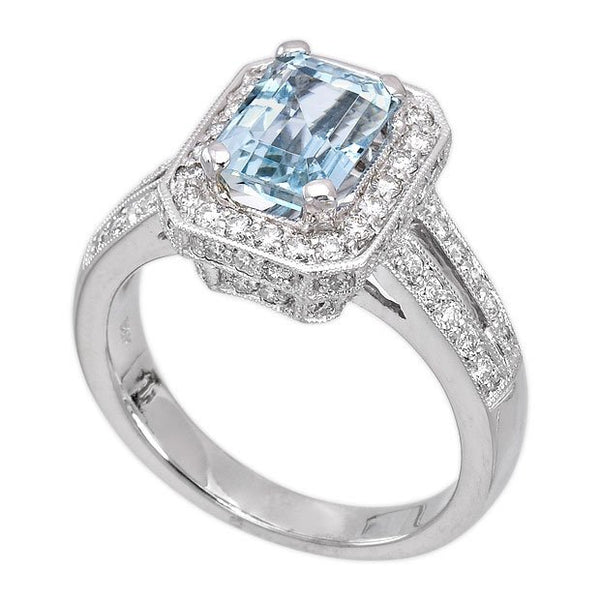 18K White Gold 1.73tcw Emerald Cut Aquamarine & Diamond Ladies Ring