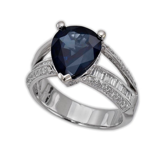 18K White Gold 3.96tcw Pear Cut Blue Sapphire & Diamond Ladies Ring