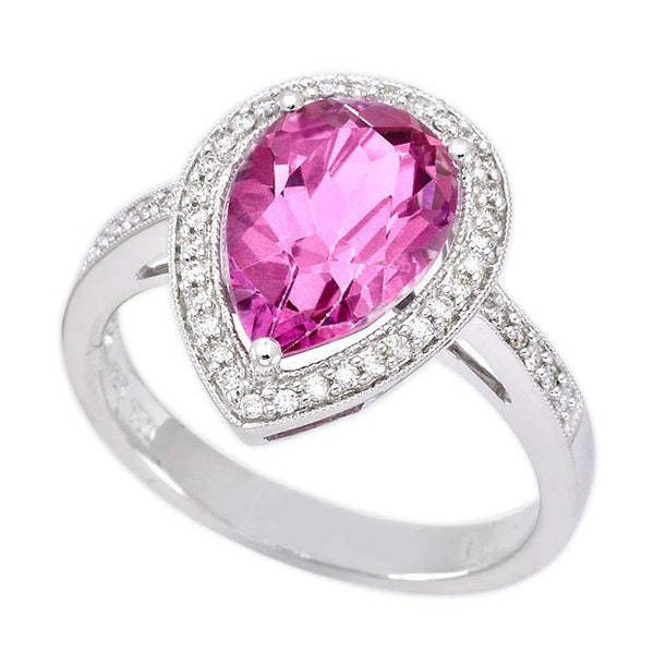 18K White Gold 3.80tcw Pear Cut Pink Topaz & Diamond Ladies Ring