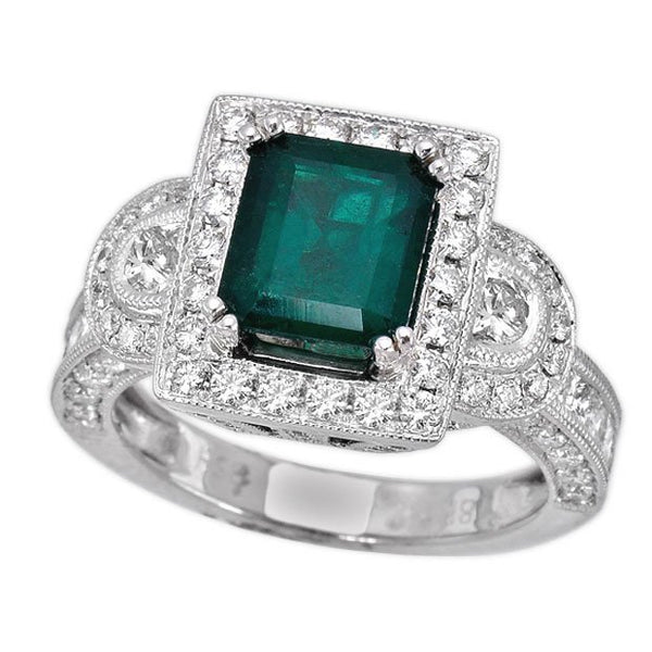 18K White Gold 2tcw Emerald Cut Emerald & Diamond Ladies Ring