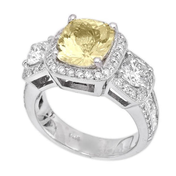 14K White Gold 3.51tcw Cushion Cut Yellow Sapphire & Diamond ladies ring
