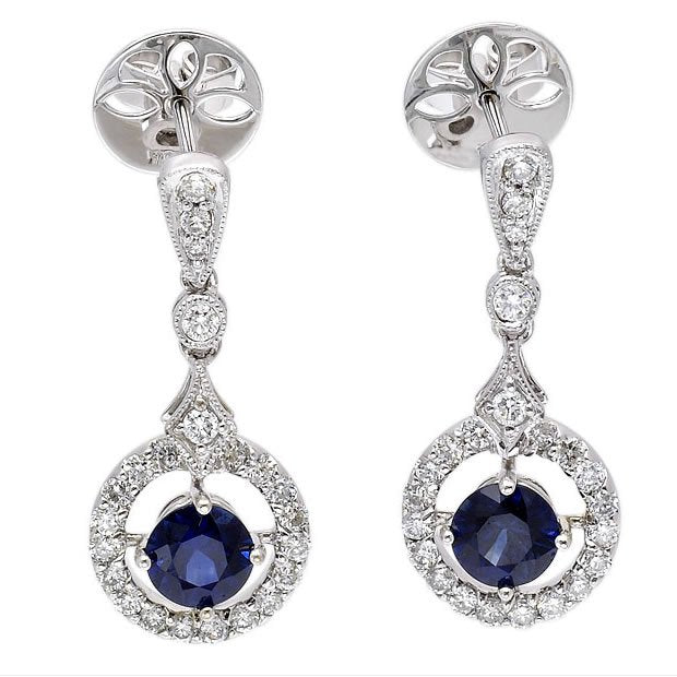 18k White Gold 1.20ct Round Cut Blue Sapphire & Diamond Earrings