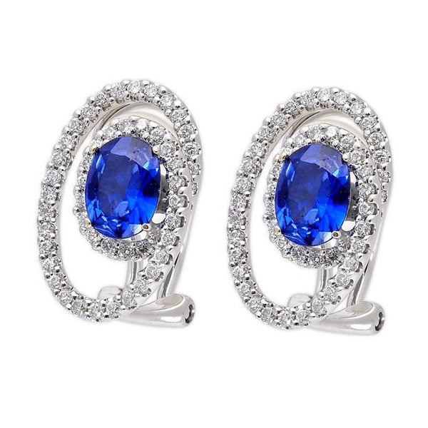 18k White Gold 1.68ct Round Cut Blue Sapphire & Diamond Earrings