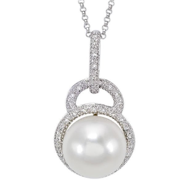 14k White Gold Diamond 12mm White Pearl Pendant