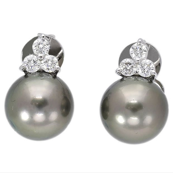 18k White Gold 10.25mm Black Pearl & 0.41tcw Diamond Earrings