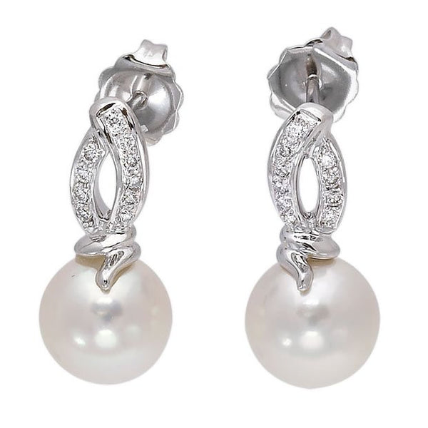14k White Gold 8mm Pearl & 0.11tcw Diamond Earrings