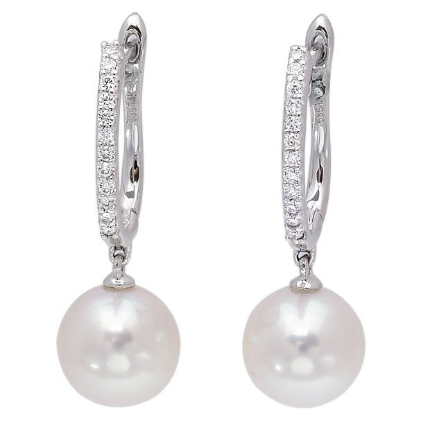 14k White Gold 7.75mm Pearl & 0.10tcw Diamond Earrings
