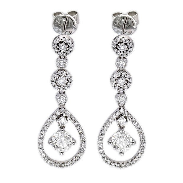 14K White Gold 1.42TCW Ladies Diamond Drop Earrings