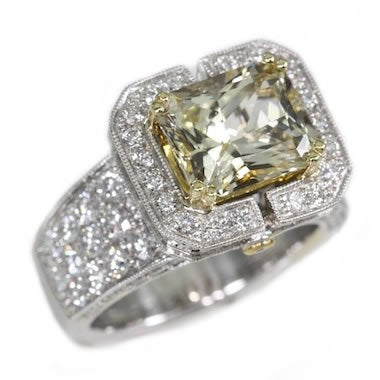 18K Two Tone 4.18tcw Radiant Cut Yellow Sapphire & Diamond Ladies Ring