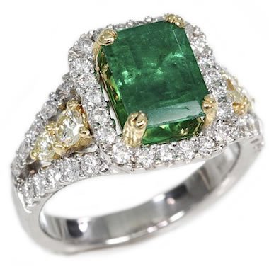 18K Two Tone 2.80tcw Emerald Cut Emerald & Diamond Ladies Ring