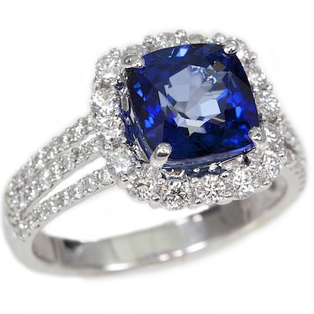 18K White Gold 3.47tcw Cushion Cut Blue Sapphire & Diamond Ladies Ring