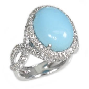 18K White Gold 6.19tcw Oval Cut Turquoise and Diamond Ring