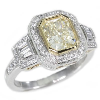 18K Two Tone 2.55TCW Light Fancy Yellow Radiant Cut Diamond Engagement Ring