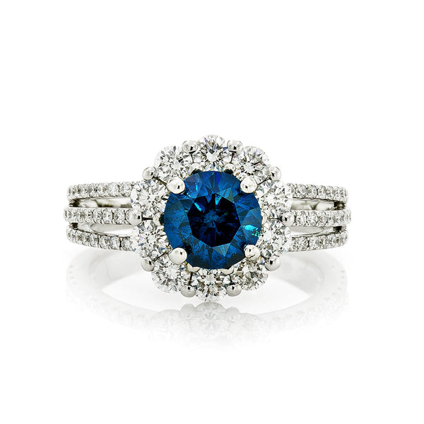 18K White Gold 1.28TCW Blue Round Cut Diamond Engagement Ring