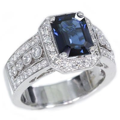 18K White Gold 3.05tcw Emerald Cut Blue Sapphire & Diamond Ring