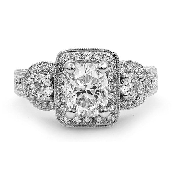 14K White Gold 3.01TCW Cushion Cut Three Stone Diamond Engagement Ring
