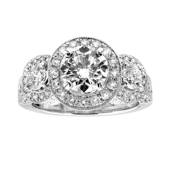 18K White Gold 3.45TCW Round Cut Diamond Three Stone Engagement Ring