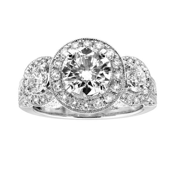 18K White Gold 3.45tcw Round Cut Diamond Three Stone Engagement Ring