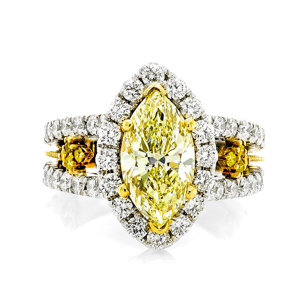 18K Two Tone 4.12TCW Light Fancy Yellow Marquise Cut Diamond Engagement Ring