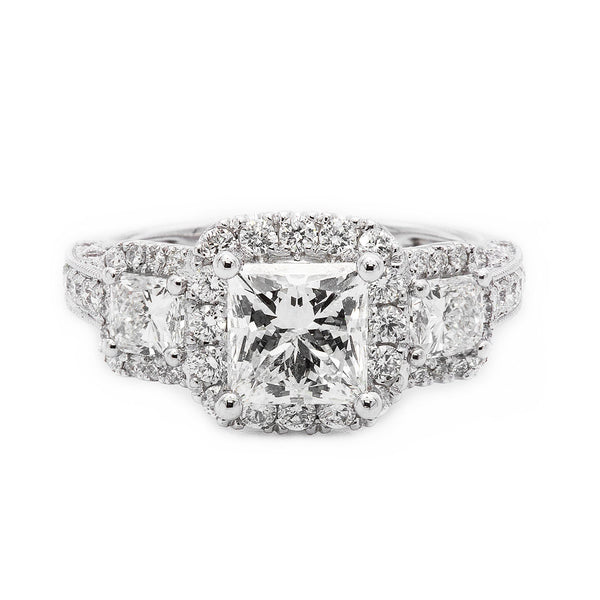 18K White Gold 2.66TCW Princess Cut Three Stone Diamond Engagement Ring