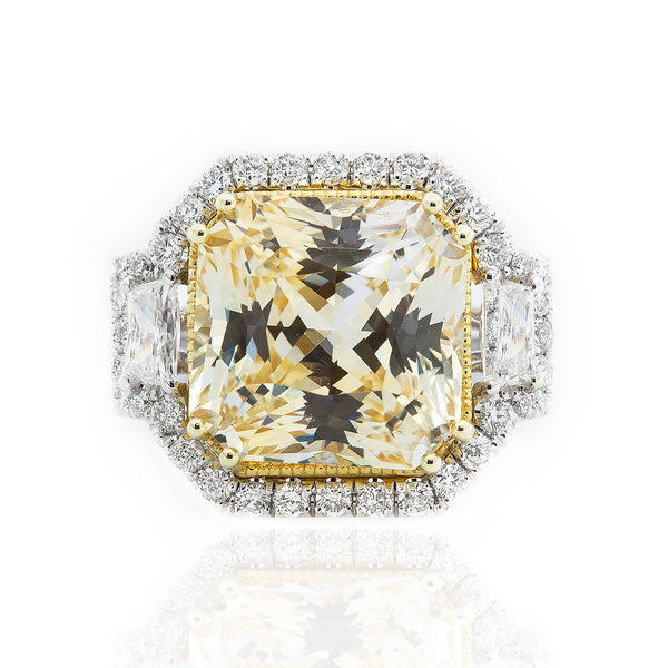 18K Two Tone Gold 13.10tcw Radiant Cut Yellow Sapphire and 2.06tcw Diamond Ladies Ring