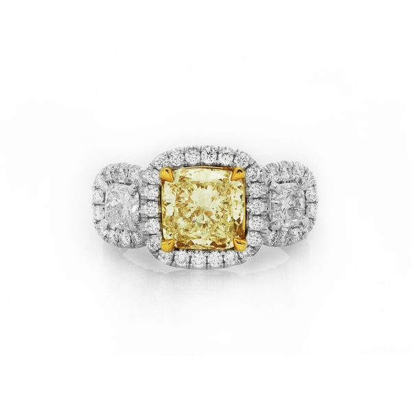 18K Two Tone 3.96TCW Cushion Cut Fancy Yellow Diamond Engagement Ring