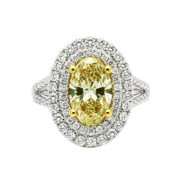 18K Two Tone 3.26TCW Fancy Yellow Oval Cut Diamond Engagement Ring
