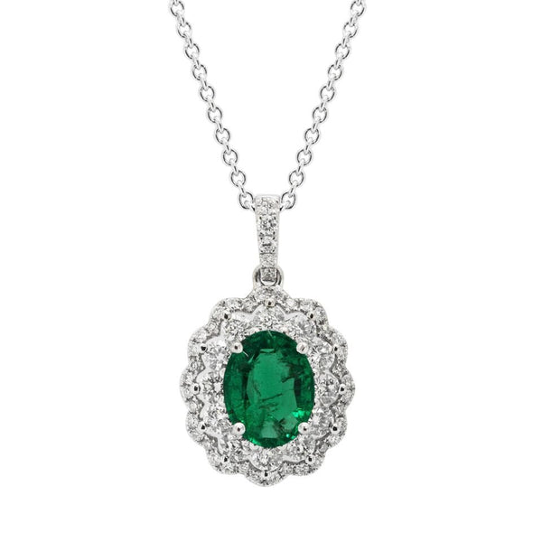 18K White Gold 1.54ct Oval Cut Emerald & 0.74Ct Diamond Necklace