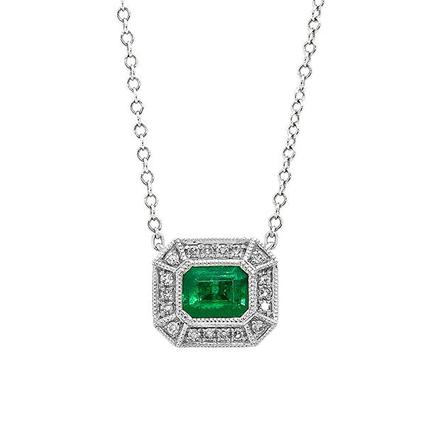 18K White Gold 0.40ct Emerald & 0.07ct Diamond Necklace