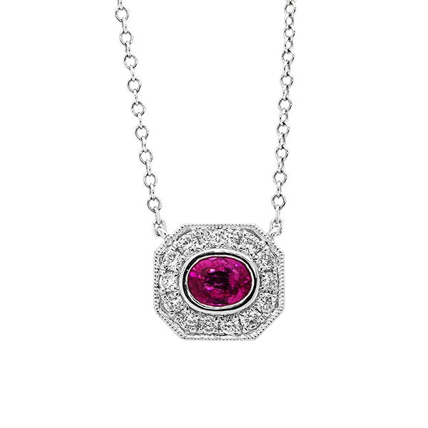 18K White Gold 0.47ct Oval Cut Ruby & 0.19ct Diamond Necklace