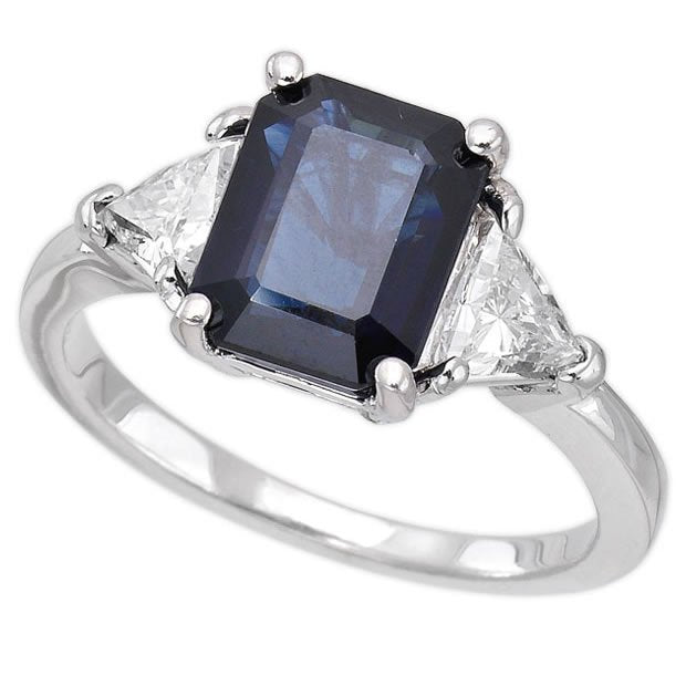 14K White Gold 2.7tcw Emerald Cut Blue Sapphire & Diamond Ladies Ring