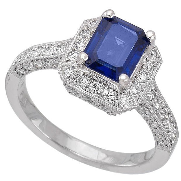 Platinum 1.46Ct Emerald Cut Sapphire & 0.74Ct Diamond Ring