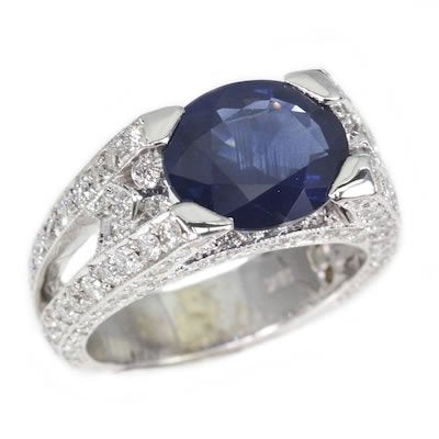18K White Gold 3.22tcw Oval Cut Blue Sapphire & Diamond Ring