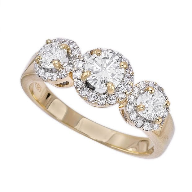 14K Yellow Gold 1.07tcw Round Cut Three Stone Diamond Engagement Ring