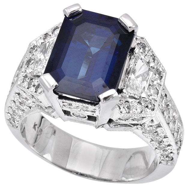18K White Gold 6.51tcw Emerald Cut Sapphire & Diamond Ladies Ring