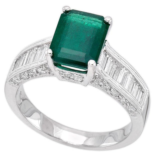 18K White Gold 2.15tcw Emerald Cut Emerald & Diamond Ladies Ring